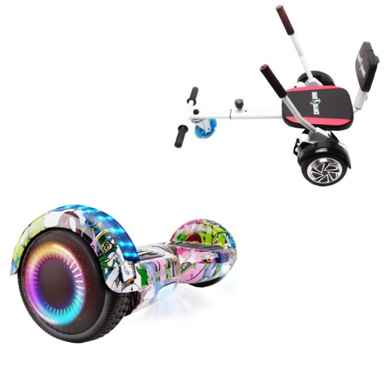 Pachet Hoverboard 6.5 inch cu Scaun Confort, Regular Multicolor PRO, Autonomie Standard si Hoverkart cu Burete Alb, Smart Balance