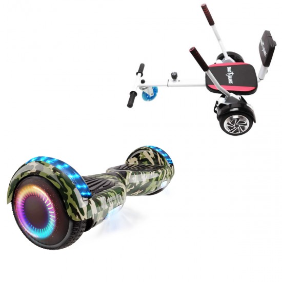 Pachet Hoverboard 6.5 inch cu Scaun Confort, Regular Camouflage PRO, Autonomie Standard si Hoverkart cu Burete Alb, Smart Balance