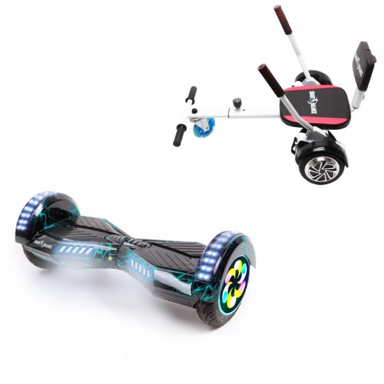 Pachet Hoverboard 8 inch cu Scaun Confort, Transformers Thunderstorm PRO, Autonomie Standard si Hoverkart cu Burete Alb, Smart Balance
