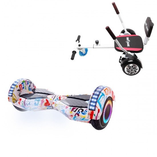 Pachet Hoverboard 6.5 inch cu Scaun Confort, Transformers Splash PRO, Autonomie Standard si Hoverkart cu Burete Alb, Smart Balance