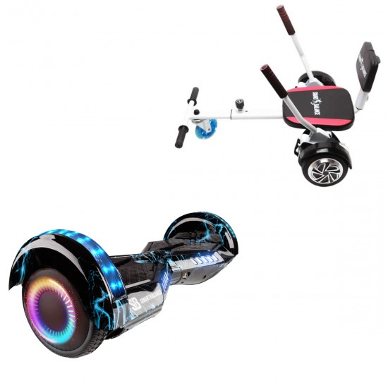 Pachet Hoverboard 6.5 inch cu Scaun Confort, Transformers Thunderstorm Blue PRO, Autonomie Standard si Hoverkart cu Burete Alb, Smart Balance