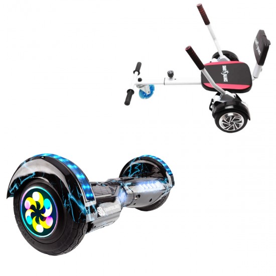 Pachet Hoverboard 8 inch cu Scaun Confort, Transformers Thunderstorm Blue PRO, Autonomie Standard si Hoverkart cu Burete Alb, Smart Balance