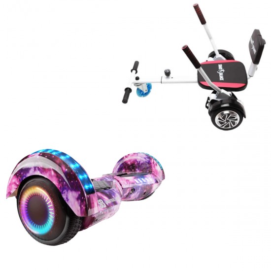 Pachet Hoverboard 6.5 inch cu Scaun Confort, Transformers Galaxy Pink PRO, Autonomie Extinsa si Hoverkart cu Burete Alb, Smart Balance