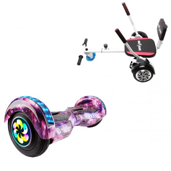 Pachet Hoverboard 8 inch cu Scaun Confort, Transformers Galaxy Pink PRO, Autonomie Standard si Hoverkart cu Burete Alb, Smart Balance