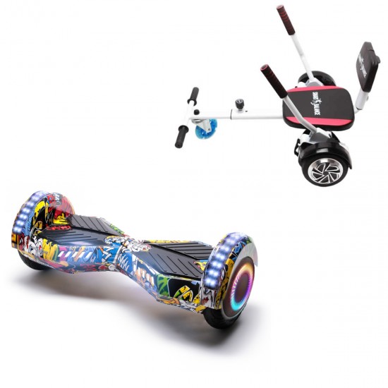 Pachet Hoverboard 6.5 inch cu Scaun Confort, Transformers HipHop PRO, Autonomie Standard si Hoverkart cu Burete Alb, Smart Balance