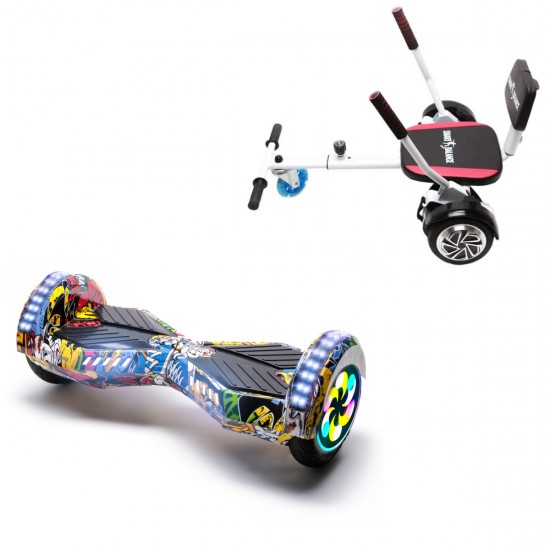 Pachet Hoverboard 8 inch cu Scaun Confort, Transformers HipHop PRO, Autonomie Standard si Hoverkart cu Burete Alb, Smart Balance