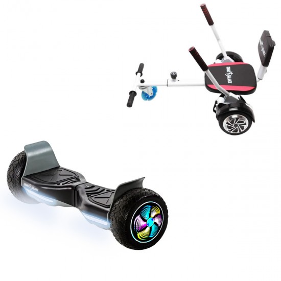 Pachet Hoverboard 8.5 inch cu Scaun Confort, Hummer Black PRO, Autonomie Standard si Hoverkart cu Burete Alb, Smart Balance