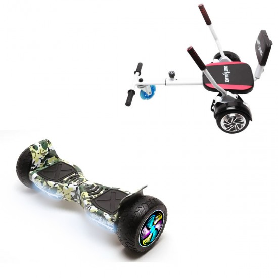 Pachet Hoverboard 8.5 inch cu Scaun Confort, Hummer Camouflage PRO, Autonomie Standard si Hoverkart cu Burete Alb, Smart Balance