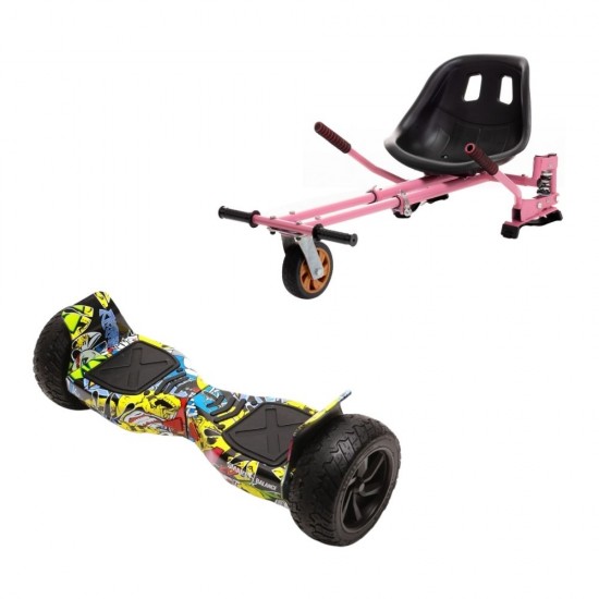 Set Hoverboard All Terrain cu Scaun, Hoverkart Roz cu Suspensii Duble, Boxe Bluetooth, Lumini LED si Auto Balans, roti 8.5'', 15km Autonomie, Putere 700W, Baterie 4Ah Samsung Cell, Smart Balance Hummer HipHop