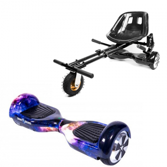 Set Hoverboard cu Scaun, Hoverkart Negru cu Suspensii Duble, Boxe Bluetooth, Lumini LED si Auto Balans, roti 6.5'', 15km Autonomie, Putere 700W, Baterie 4Ah Samsung Cell, Smart Balance Regular Galaxy Orange