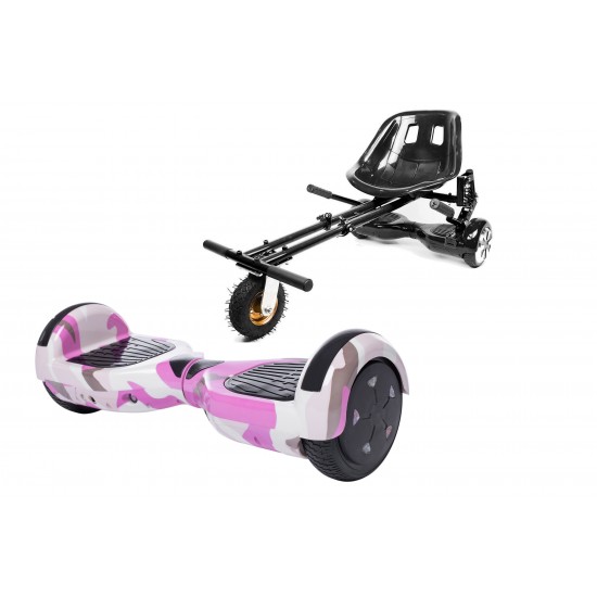 Set Hoverboard cu Scaun, Hoverkart Negru cu Suspensii Duble, Boxe Bluetooth, Lumini LED si Auto Balans, roti 6.5'', 15km Autonomie, Putere 700W, Baterie 4Ah Samsung Cell, Smart Balance Regular Camouflage Pink cu maner