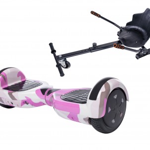 Set Hoverboard cu Scaun, Hoverkart Ergonomic, Boxe Bluetooth, Lumini LED si Auto Balans, roti 6.5'', 15km Autonomie, Putere 700W, Baterie 4Ah Samsung Cell, Smart Balance Regular Camouflage Pink cu maner