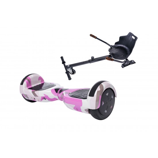 Set Hoverboard cu Scaun, Hoverkart Ergonomic, Boxe Bluetooth, Lumini LED si Auto Balans, roti 6.5'', 15km Autonomie, Putere 700W, Baterie 4Ah Samsung Cell, Smart Balance Regular Camouflage Pink cu maner