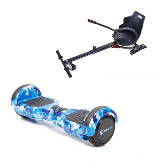 Set Hoverboard cu Scaun, Hoverkart Ergonomic, Boxe Bluetooth, Lumini LED si Auto Balans, roti 6.5'', 15km Autonomie, Putere 700W, Baterie 4Ah Samsung Cell, Smart Balance Regular Camouflage Blue cu maner