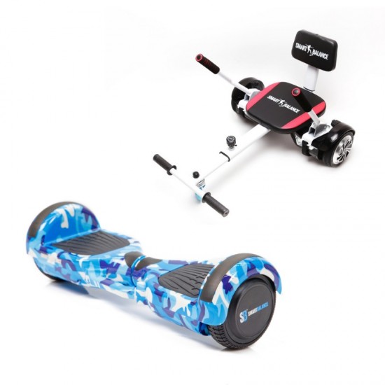 Set Hoverboard cu Scaun, Hoverkart Confort, Boxe Bluetooth, Lumini LED si Auto Balans, roti 6.5'', 15km Autonomie, Putere 700W, Baterie 4Ah Samsung Cell, Smart Balance Regular Camouflage Blue cu maner