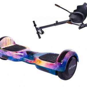Set Hoverboard cu Scaun, Hoverkart Ergonomic, Boxe Bluetooth, Lumini LED si Auto Balans, roti 6.5'', 15km Autonomie, Putere 700W, Baterie 4Ah Samsung Cell, Smart Balance Regular Galaxy Orange cu maner