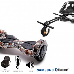 Set Hoverboard cu Scaun, Hoverkart Negru cu Suspensii Duble, Boxe Bluetooth, Lumini LED si Auto Balans, roti 6.5'', 15km Autonomie, Putere 700W, Baterie 4Ah Samsung Cell, Smart Balance Transformers Tattoo