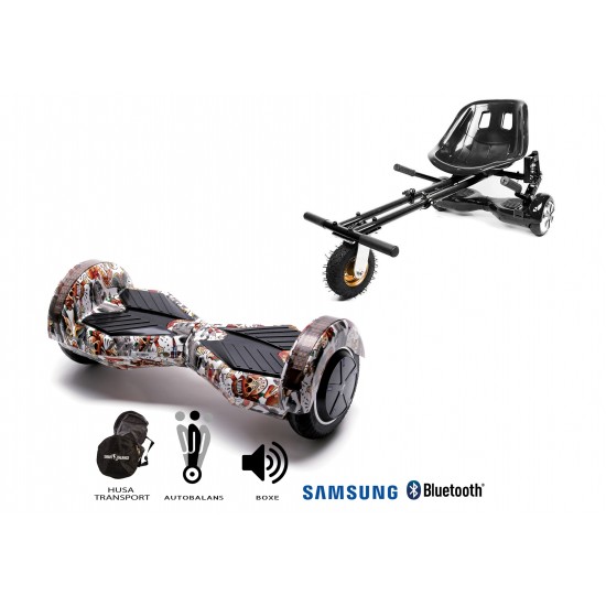 Set Hoverboard cu Scaun, Hoverkart Negru cu Suspensii Duble, Boxe Bluetooth, Lumini LED si Auto Balans, roti 6.5'', 15km Autonomie, Putere 700W, Baterie 4Ah Samsung Cell, Smart Balance Transformers Tattoo