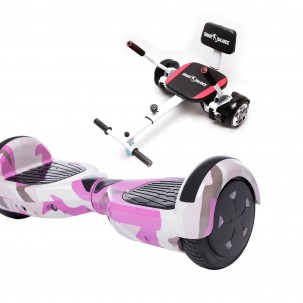 Set Hoverboard cu Scaun, Hoverkart Confort, Boxe Bluetooth, Lumini LED si Auto Balans, roti 6.5'', 15km Autonomie, Putere 700W, Baterie 4Ah Samsung Cell, Smart Balance Regular Camouflage Pink cu maner