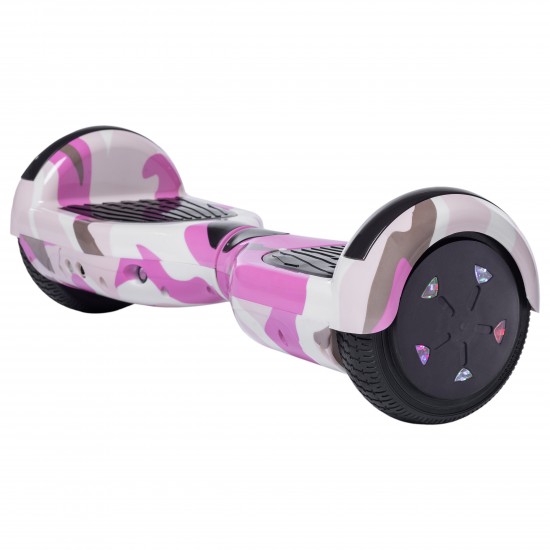 Hoverboard cu Boxe Bluetooth, Lumini LED si Auto Balans, roti 6.5'', 15km Autonomie, Putere 700W, Baterie 4Ah Samsung Cell, Smart Balance Regular Camouflage Pink cu maner 3