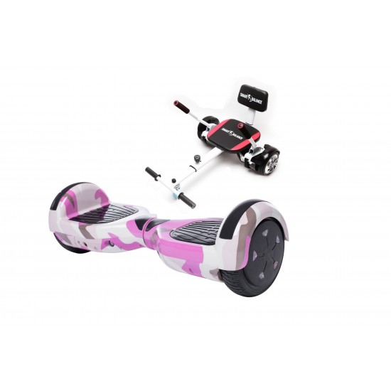 Set Hoverboard cu Scaun, Hoverkart Confort, Boxe Bluetooth, Lumini LED si Auto Balans, roti 6.5'', 15km Autonomie, Putere 700W, Baterie 4Ah Samsung Cell, Smart Balance Regular Camouflage Pink cu maner