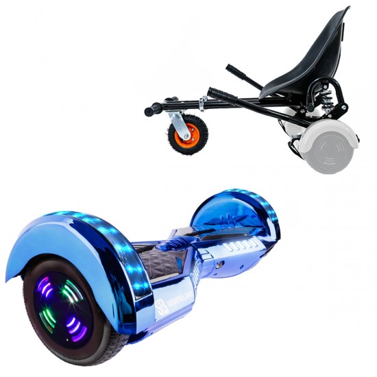 Pachet Hoverboard 6.5 inch cu Scaun cu Suspensii, Transformers ElectroBlue Junior, Autonomie Standard si Hoverkart Negru cu Suspensii Duble, Smart Balance