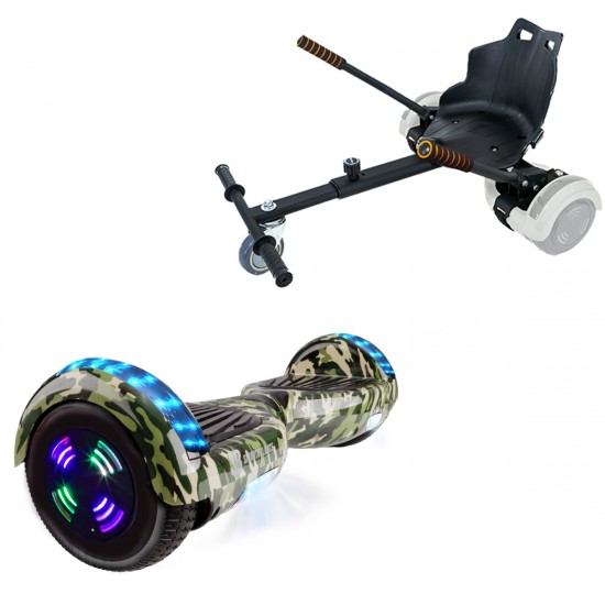 Pachet Hoverboard 6.5 inch cu Scaun Standard, Regular Camouflage Green Junior, Autonomie Standard si Hoverkart Ergonomic Negru, Smart Balance