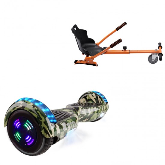 Pachet Hoverboard 6.5 inch cu Scaun Standard, Regular Camouflage Green Junior, Autonomie Standard si Hoverkart Ergonomic Portocaliu, Smart Balance