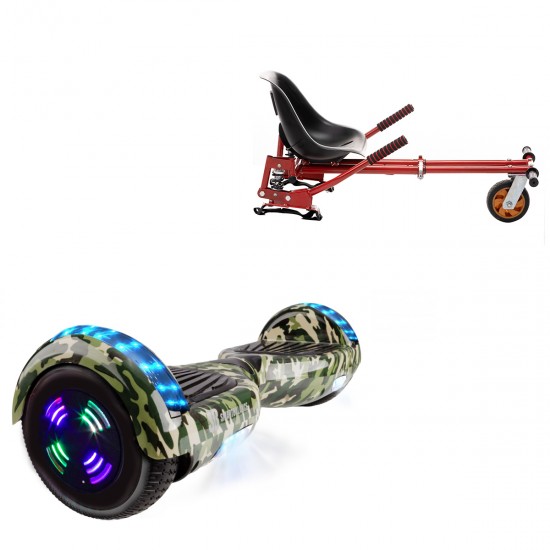 Pachet Hoverboard 6.5 inch cu Scaun cu Suspensii, Regular Camouflage Green Junior, Autonomie Standard si Hoverkart Rosu cu Suspensii Duble, Smart Balance