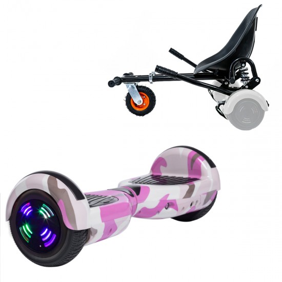 Pachet Hoverboard 6.5 inch cu Scaun cu Suspensii, Regular Camouflage Pink Junior, Autonomie Standard si Hoverkart Negru cu Suspensii Duble, Smart Balance
