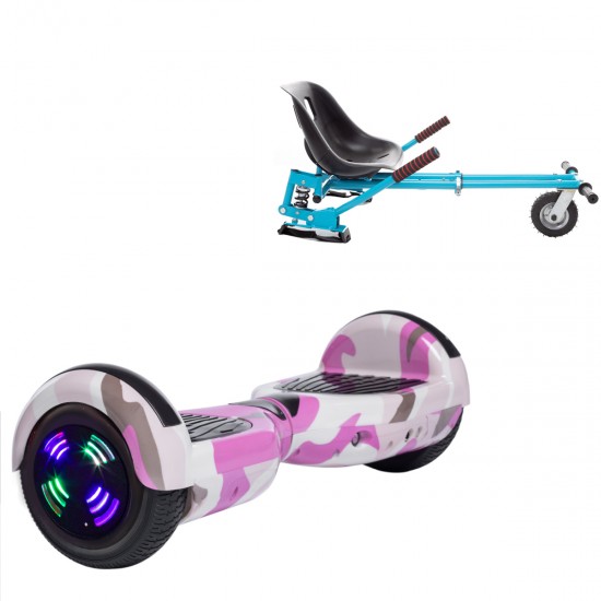 Pachet Hoverboard 6.5 inch cu Scaun cu Suspensii, Regular Camouflage Pink Junior, Autonomie Standard si Hoverkart Albastru cu Suspensii Duble, Smart Balance