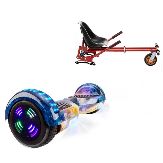 Pachet Hoverboard 6.5 inch cu Scaun cu Suspensii, Regular Galaxy Orange Junior, Autonomie Standard si Hoverkart Rosu cu Suspensii Duble, Smart Balance
