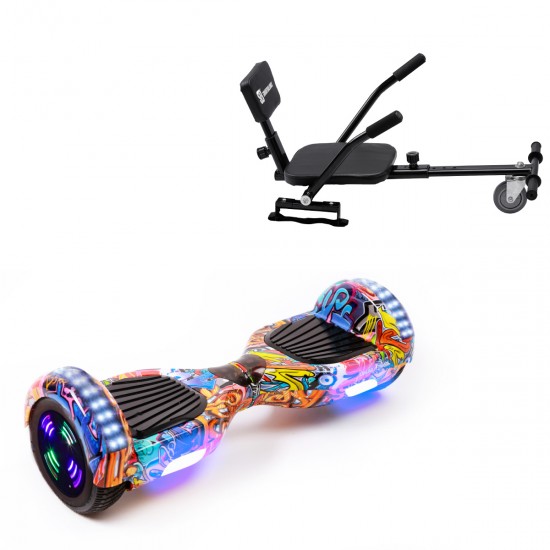 Pachet Hoverboard 6.5 inch cu Scaun Confort, Regular HipHop Orange Junior, Autonomie Standard si Hoverkart cu Burete Negru, Smart Balance