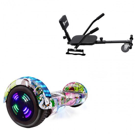 Pachet Hoverboard 6.5 inch cu Scaun Confort, Regular Multicolor Junior, Autonomie Standard si Hoverkart cu Burete Negru, Smart Balance