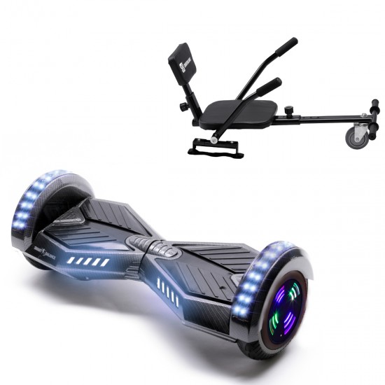 Pachet Hoverboard 6.5 inch cu Scaun Confort, Transformers Carbon Junior, Autonomie Standard si Hoverkart cu Burete Negru, Smart Balance