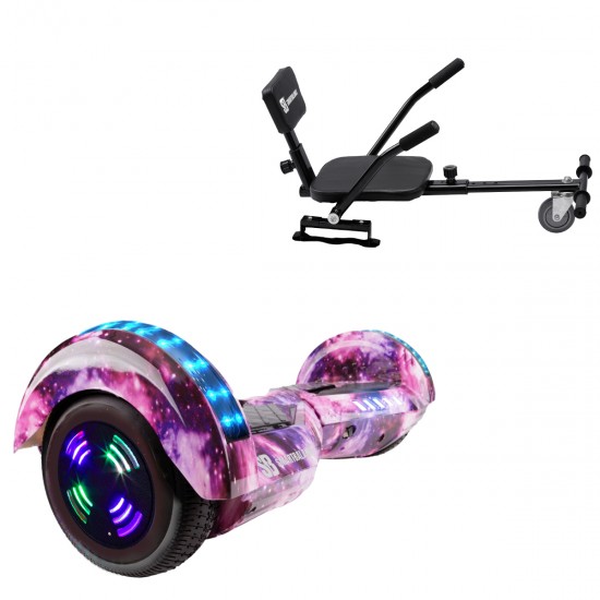 Pachet Hoverboard 6.5 inch cu Scaun Confort, Transformers Galaxy Pink Junior, Autonomie Standard si Hoverkart cu Burete Negru, Smart Balance