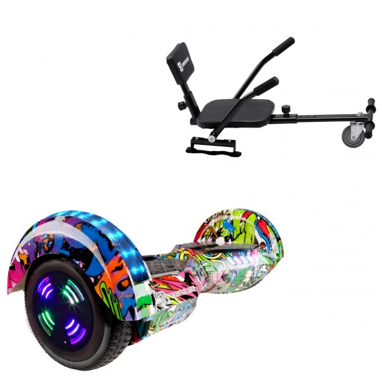 Pachet Hoverboard 6.5 inch cu Scaun Confort, Transformers Multicolor Junior, Autonomie Standard si Hoverkart cu Burete Negru, Smart Balance