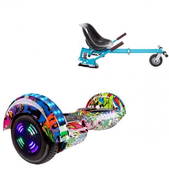 Pachet Hoverboard 6.5 inch cu Scaun cu Suspensii, Transformers Multicolor Junior, Autonomie Standard si Hoverkart Albastru cu Suspensii Duble, Smart Balance