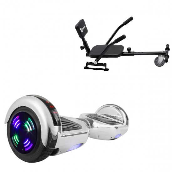Pachet Hoverboard 6.5 inch cu Scaun Confort, Regular ElectroSilver Junior, Autonomie Standard si Hoverkart cu Burete Negru, Smart Balance
