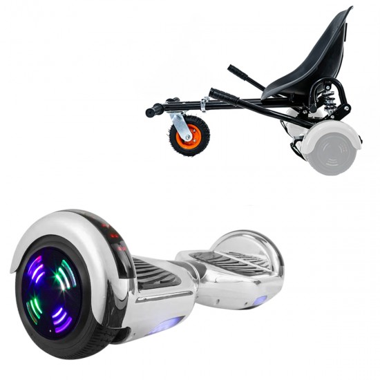 Pachet Hoverboard 6.5 inch cu Scaun cu Suspensii, Regular ElectroSilver Junior, Autonomie Standard si Hoverkart Negru cu Suspensii Duble, Smart Balance