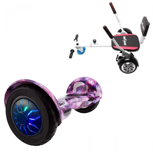 Pachet Hoverboard 10 inch cu Scaun Confort, Off-Road Galaxy PRO, Autonomie Extinsa si Hoverkart cu Burete Alb, Smart Balance