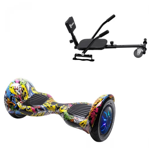 Pachet Hoverboard 10 inch cu Scaun Confort, Off-Road HipHop PRO, Autonomie Extinsa si Hoverkart cu Burete Negru, Smart Balance