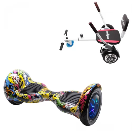 Pachet Hoverboard 10 inch cu Scaun Confort, Off-Road HipHop PRO, Autonomie Extinsa si Hoverkart cu Burete Alb, Smart Balance