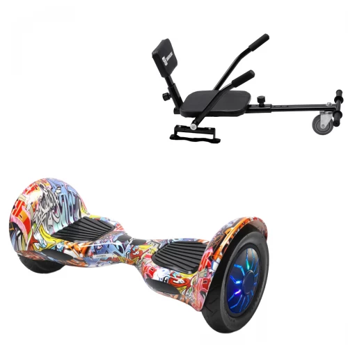 Pachet Hoverboard 10 inch cu Scaun Confort, Off-Road HipHop Orange PRO, Autonomie Extinsa si Hoverkart cu Burete Negru, Smart Balance