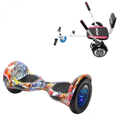 Pachet Hoverboard 10 inch cu Scaun Confort, Off-Road HipHop Orange PRO, Autonomie Extinsa si Hoverkart cu Burete Alb, Smart Balance