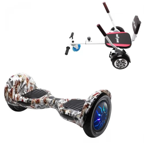 Pachet Hoverboard 10 inch cu Scaun Confort, Off-Road Tattoo PRO, Autonomie Extinsa si Hoverkart cu Burete Alb, Smart Balance