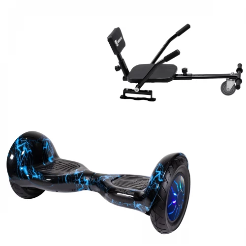 Pachet Hoverboard 10 inch cu Scaun Confort, Off-Road Thunderstorm Blue PRO, Autonomie Extinsa si Hoverkart cu Burete Negru, Smart Balance