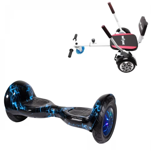 Pachet Hoverboard 10 inch cu Scaun Confort, Off-Road Thunderstorm Blue PRO, Autonomie Extinsa si Hoverkart cu Burete Alb, Smart Balance