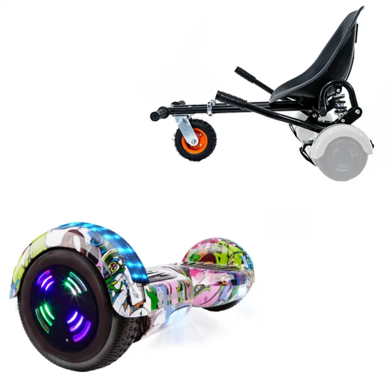 Pachet Hoverboard 6.5 inch cu Scaun cu Suspensii, Regular Multicolor Junior, Autonomie Standard si Hoverkart Negru cu Suspensii Duble, Smart Balance